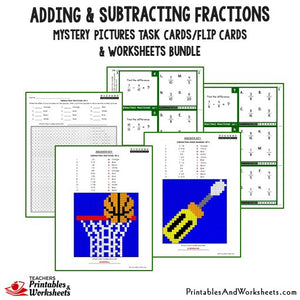 Adding and Subtracting Fractions/Mixed Numbers Bundle - Mystery Pictures Task Cards