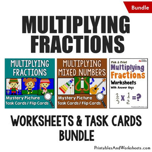 Multiplying Fractions/Mixed Numbers Worksheets and Mystery Pictures Task Cards Bundle