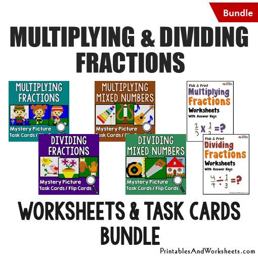 Multiplying and Dividing Fractions/Mixed Numbers Bundle - Worksheets and Mystery Pictures Task Cards