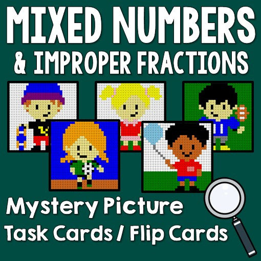 Mixed Numbers and Improper Fractions Activities Mystery Pictures Task Cards/Flip Cards Cover