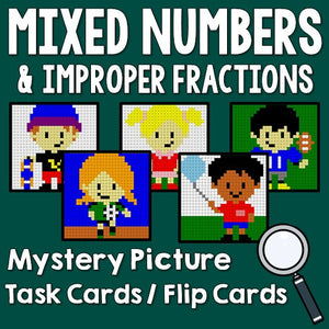 Mixed Numbers and Improper Fractions Activities Mystery Pictures Task Cards/Flip Cards Cover