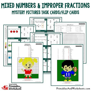 Mixed Numbers and Improper Fractions Activities Mystery Pictures Task Cards/Flip Cards Sample