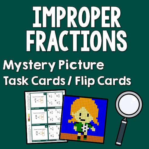 Improper Fractions Mystery Pictures Task Cards/Flip Cards