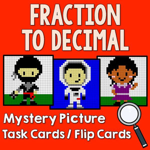 Fraction to Decimal Mystery Pictures Activity Task Cards/Flip Cards Cover