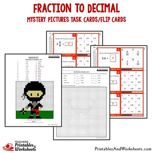 Fraction to Decimal Mystery Pictures Activity Task Cards/Flip Cards Sample