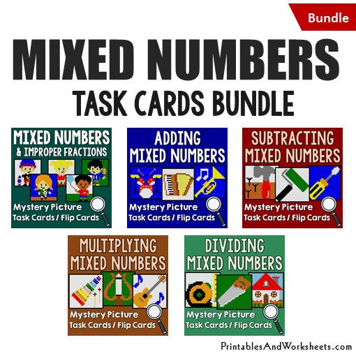 Mixed Numbers Mystery Pictures Task Card Bundle