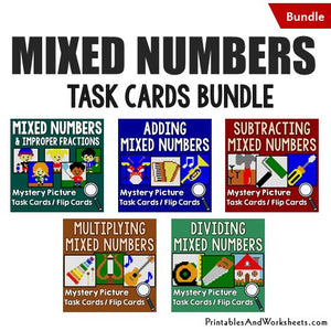 Mixed Numbers Mystery Pictures Task Card Bundle