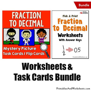 Fraction to Decimals Worksheets and Mystery Pictures Task Cards Bundle Cover