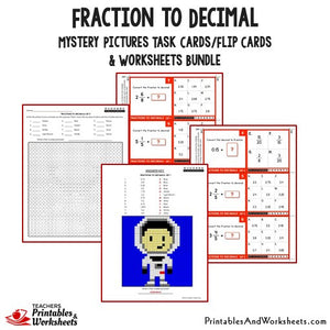 Fraction to Decimals Worksheets and Mystery Pictures Task Cards Bundle Sample 1