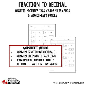 Fraction to Decimals Worksheets and Mystery Pictures Task Cards Bundle Sample 2