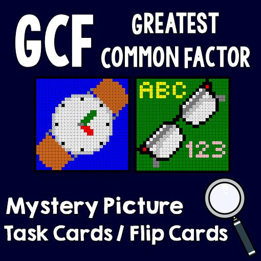 Greatest Common Factor (GCF) Activities Mystery Pictures Task Cards/Flip Cards Cover