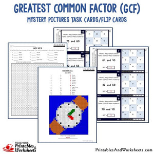 Greatest Common Factor (GCF) Activities Mystery Pictures Task Cards/Flip Cards Sample