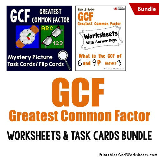 Greatest Common Factor (GCF) Worksheets and Mystery Pictures Task Cards Bundle Cover