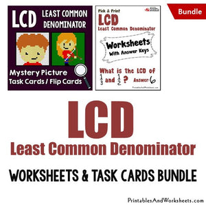 Least Common Denominator (LCD) Worksheets and Mystery Pictures Task Cards Bundle Cover