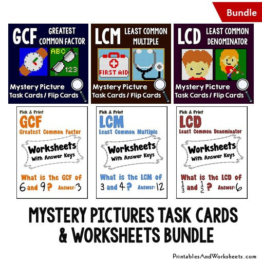 GCF LCD LCM Worksheets and Mystery Pictures Task Cards Bundle