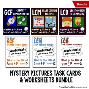 GCF LCD LCM Worksheets and Mystery Pictures Task Cards Bundle