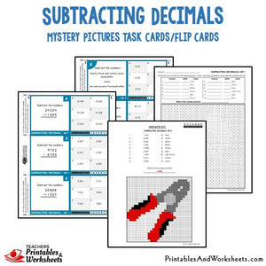 Subtracting Decimals Mystery Pictures Activities Task Cards/Flip Cards Sample