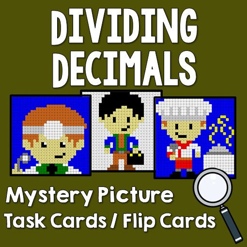 Dividing Decimals Activities Mystery Pictures Task Cards / Flip Cards Cover