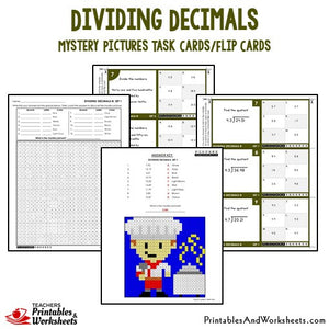Dividing Decimals Activities Mystery Pictures Task Cards / Flip Cards Sample