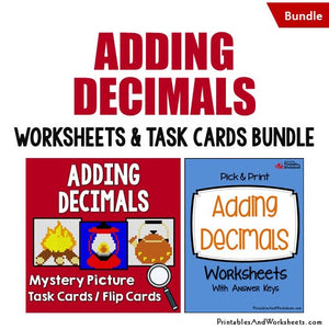 Adding Decimals Worksheets and Mystery Pictures Task Cards Bundle Cover