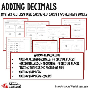 Adding Decimals Worksheets and Mystery Pictures Task Cards Bundle Sample 2