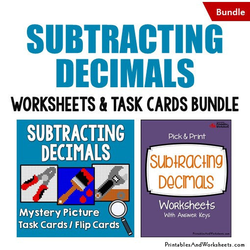 Subtracting Decimals Worksheets and Mystery Pictures Task Cards Bundle Cover