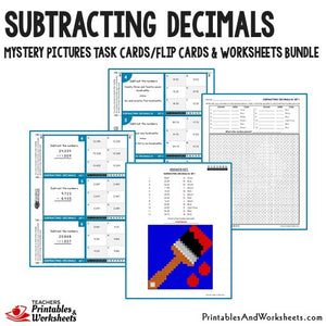 Subtracting Decimals Worksheets and Mystery Pictures Task Cards Bundle Sample 1