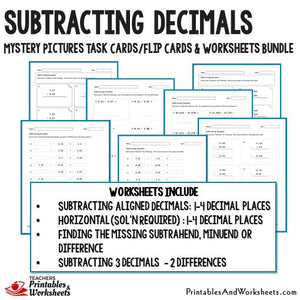 Subtracting Decimals Worksheets and Mystery Pictures Task Cards Bundle Sample 2