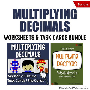 Multiplying Decimals Worksheets and Mystery Pictures Task Cards Bundle Cover