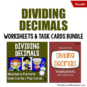Dividing Decimals Worksheets and Mystery Pictures Task Cards Bundle Cover