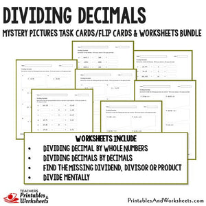 Dividing Decimals Worksheets and Mystery Pictures Task Cards Bundle Sample 2