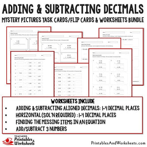 Adding and Subtracting Decimals Worksheets Mystery Picture Task Cards Bundle Sample 3