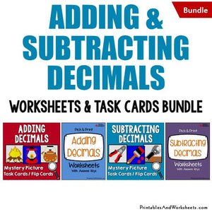 Adding and Subtracting Decimals Worksheets Mystery Picture Task Cards Bundle Cover