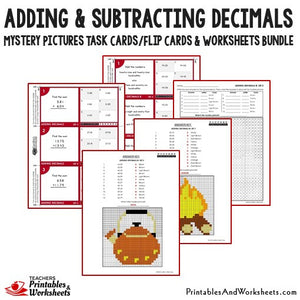 Adding and Subtracting Decimals Worksheets Mystery Picture Task Cards Bundle Sample 1