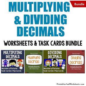 Multiplying and Dividing Decimals Bundle - Worksheets and Mystery Pictures Task Cards