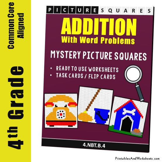 Grade 4 Addition Mystery Pictures Coloring Worksheets/Task Cards