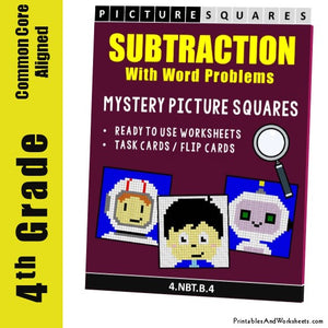 Grade 4 Subtraction Mystery Pictures Coloring Worksheets / Task Cards