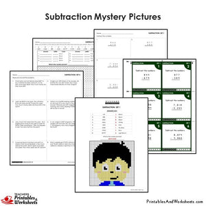 Grade 4 Subtraction Mystery Pictures Coloring Worksheets / Task Cards - Boy