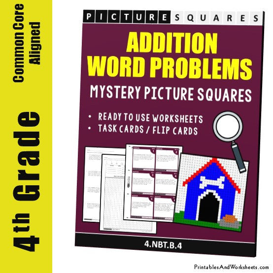 Grade 4 Addition Word Problems Mystery Pictures Coloring Worksheet / Task Cards