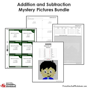 Grade Addition and Subtraction Mystery Pictures Coloring Worksheets/Task Cards - Boy
