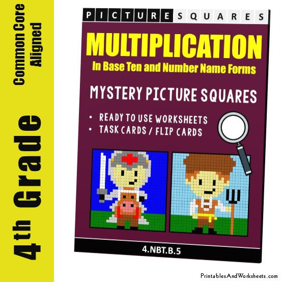 Grade 4 Multiplication Mystery Pictures Coloring Worksheets / Task Cards