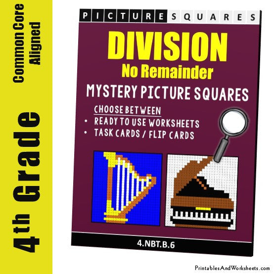 Grade 4 Division (No Remainder) Mystery Pictures Coloring Worksheets / Task Cards