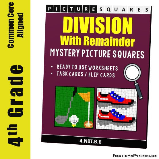 Grade 4 Division With Remainder Mystery Pictures Coloring Worksheets / Task Cards