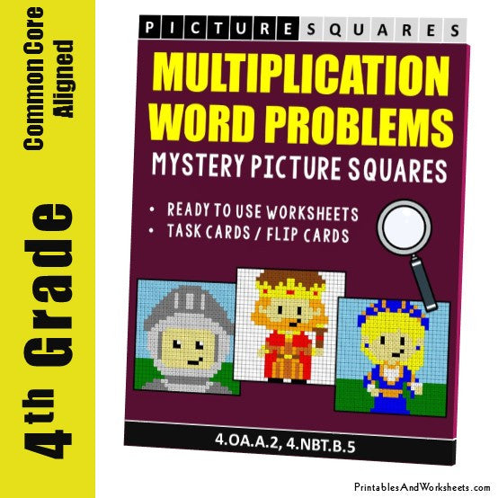 Grade 4 Multiplication Word Problems Mystery Pictures Coloring Worksheets / Task Cards