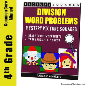 Grade 4 Division Word Problems Mystery Pictures Coloring Worksheets / Task Cards