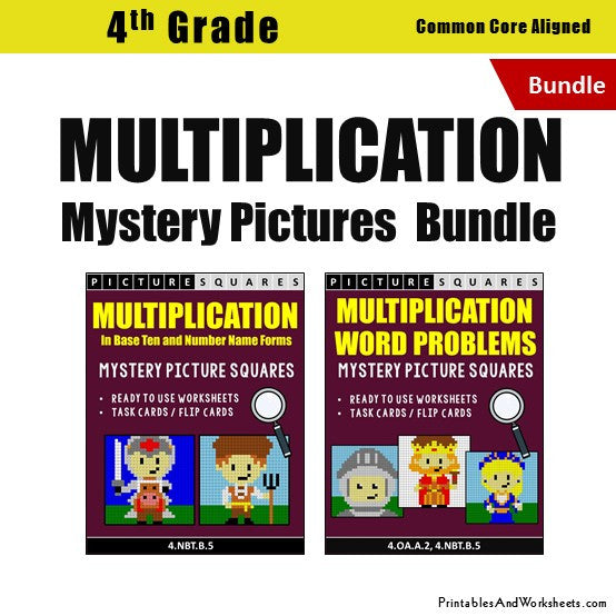 Grade 4 Multiplication Mystery Pictures Coloring Worksheets / Task Cards