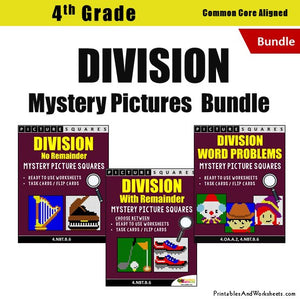 Grade 4 Division Mystery Pictures Coloring Worksheets / Flip Cards Bundle