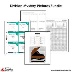 Grade 4 Division Mystery Pictures Coloring Worksheets / Flip Cards Bundle - Piano