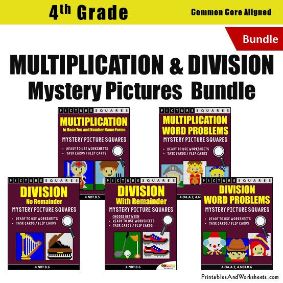 Grade 4 Multiplication and Division Mystery Pictures Coloring Worksheets / Task Cards