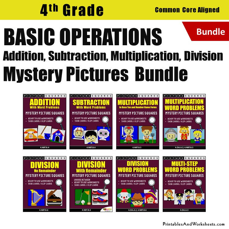 Grade 4 Basic Operations (Add, Subtract, Multiply, Divide) Mystery Pictures Coloring Worksheets / Task Cards